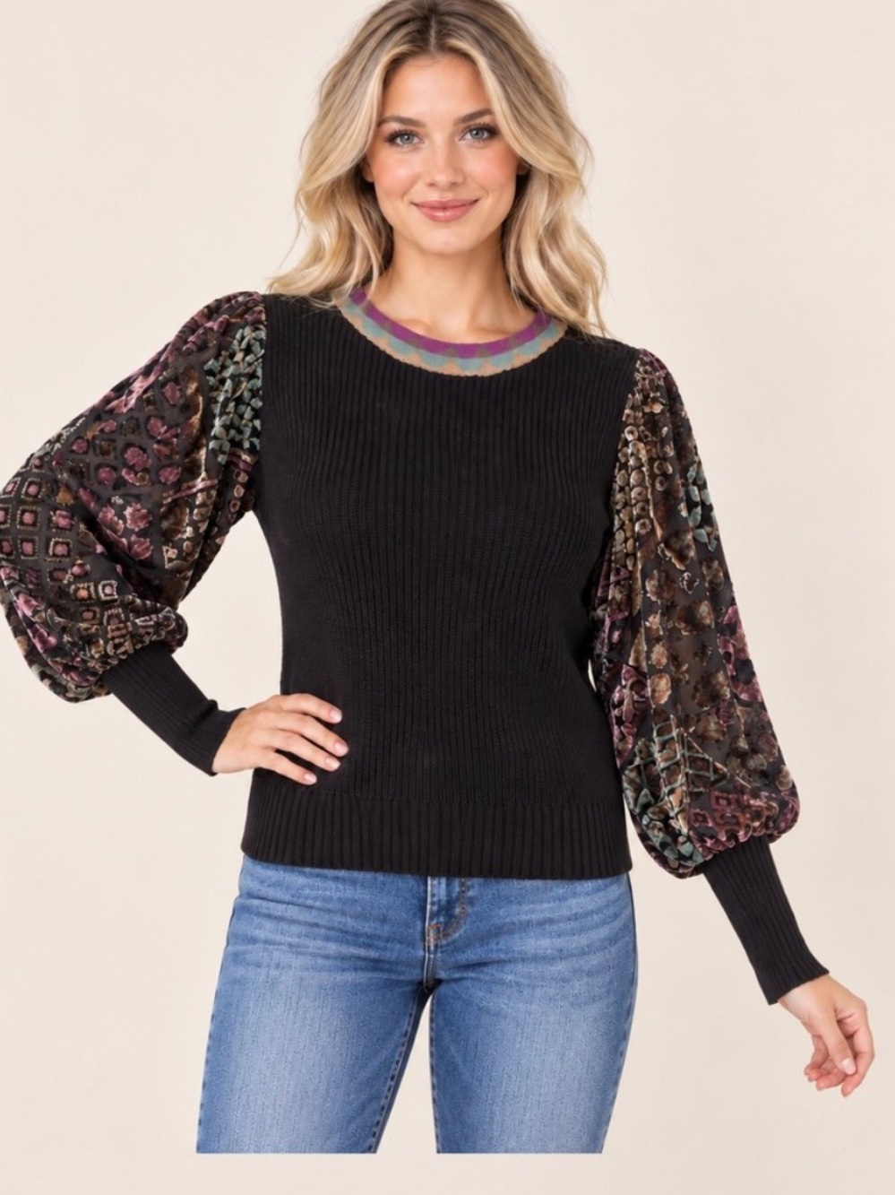 Fate Black Knit Sweater with Multicolor Velvet Balloon Sleeves